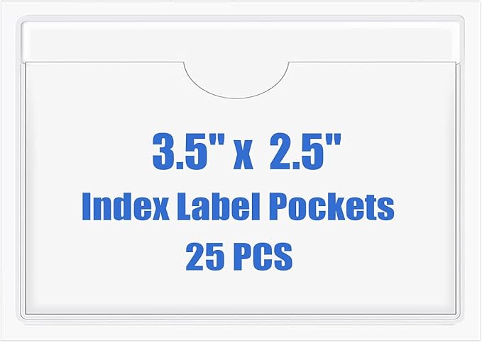 Origin-Joy 25 PCS Self-Adhesive Index Label Pockets, Clear Plastic Peel & Stick Card Holders with Top Open for Loading (3.5 x 2.5 inch)
