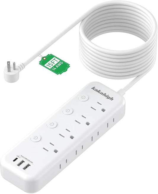 15FT Heavy Duty Extension Cord with Individual Switches on Off, 1875W Appliance Extension Cord with USB Ports, 8 outlets, High Wattage for Microwave, Aquarium, Kitchen, Garage Must Have