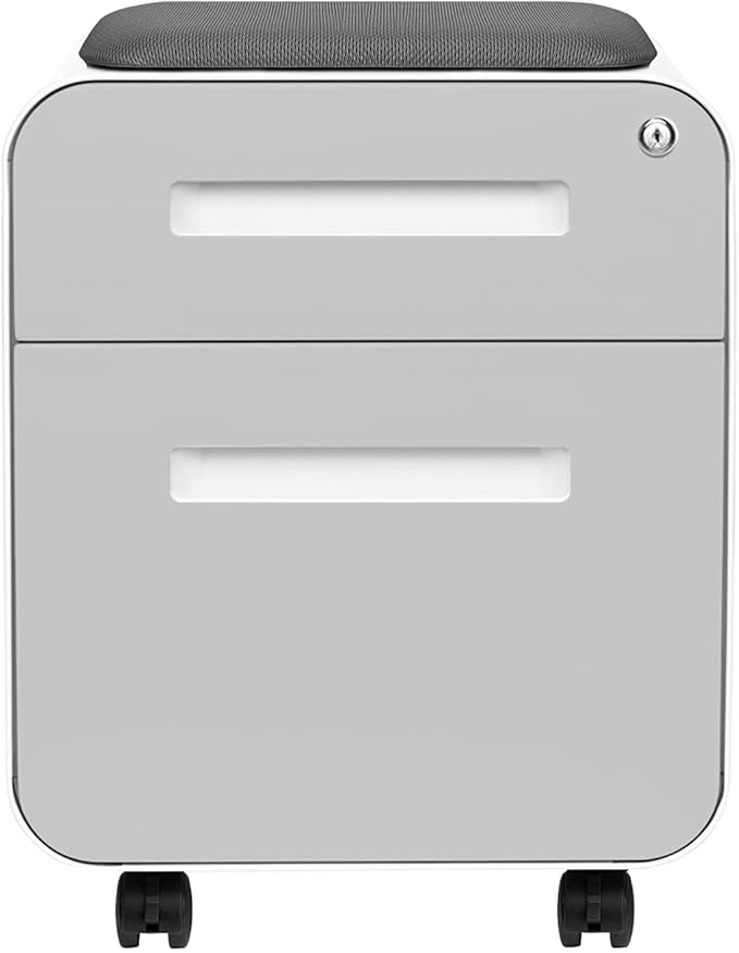 Laura Davidson Furniture STOCKPILE Mini Seated 2 Drawer Mobile File Cabinet with Removable Magnetic Cushion Seat - Short Version, Metal Filing Cabinet, Pre-Assembled, Light Grey Face with Grey Cushion