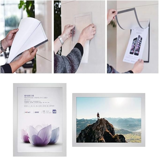 Wall Mount Sign Holder Self Adhesive Magnetic Display Frame Clear Document Frame for Office, Store, School, Home, Wall Picture Frame 2Pack (Silver A4 210×297mm/8.27×11.69inches)