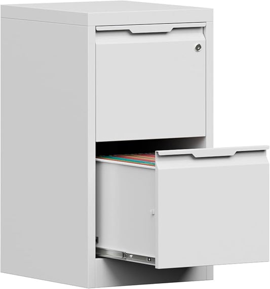 2-Drawer Metal File Cabinet with 1 Lockable Drawer,Steel Printer Stand with Storage for Home Office,Vertical Filing Cabinet for Legal/Letter/A4 Files,Assembly Required(15''W-2 Drawers,White)