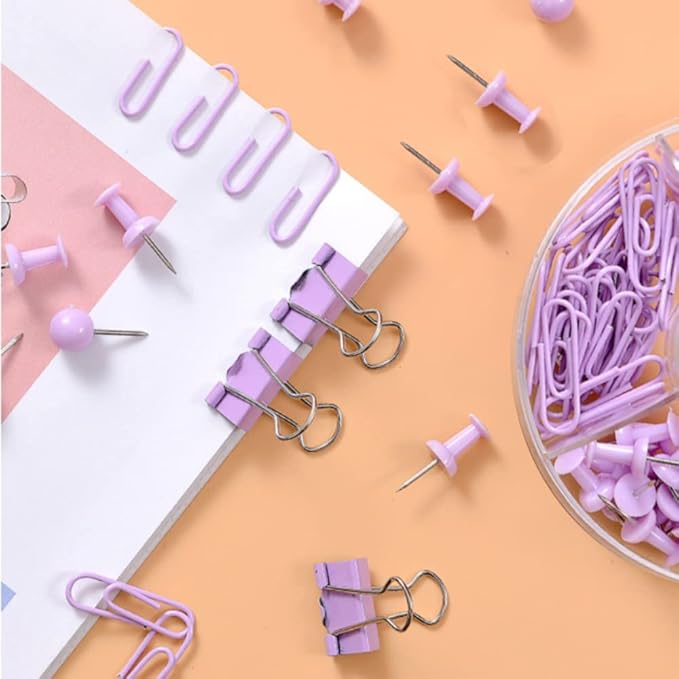 Purple Binder Clips and Paper Clips Push Pins Tacks Sets, Total 72 PCS Assorted Sizes Office Supplies Set for Women, Student, School, Home & Desk Supplies