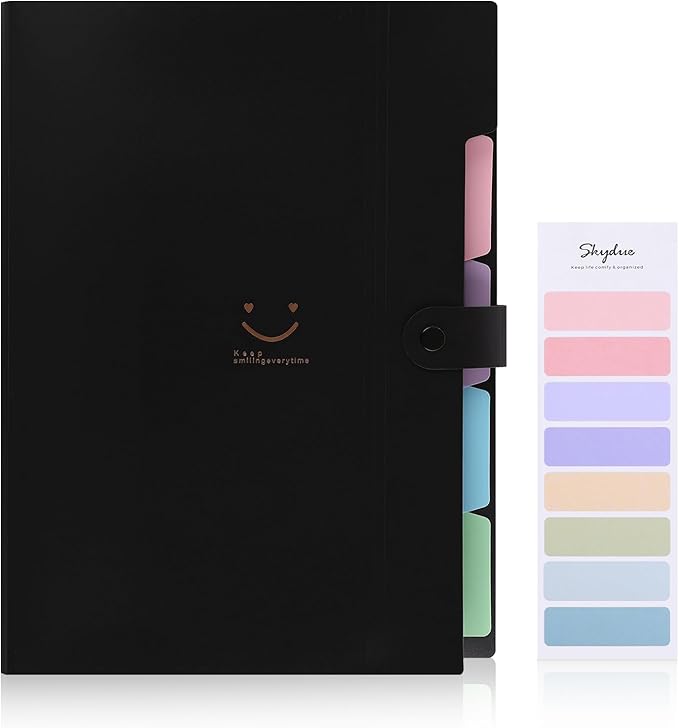 SKYDUE Expanding File Folder with 5 Pockets, Cute Accordion File Organizer, Letter Size Filing Folder, Portable Paper Organizer, School Office Supplies Black