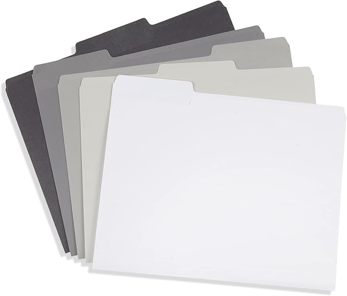 Blue Summit Supplies 100 Grayscale File Folders, Letter Size, 1/3 Cut Tab, Modern Gray, Black, and White Folder Assortment, Great for Organizing and Easy File Storage, 100 Per Box