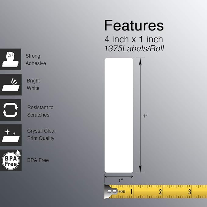 BETCKEY - 4" x 1" (102 mm x 25 mm) Multipurpose Labels Compatible with Zebra & Rollo Label Printer,Premium Adhesive & Perforated [6 Rolls, 8250 Labels]