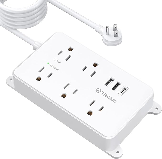 TROND Surge Protector Power Strip 15ft Extension Cord, ETL Listed, 5 Widely Spaced AC Outlets, 2 USB A and 1 USB C, 1300J, Flat Plug Power Strip, Wall Mountable, for Home Office, White