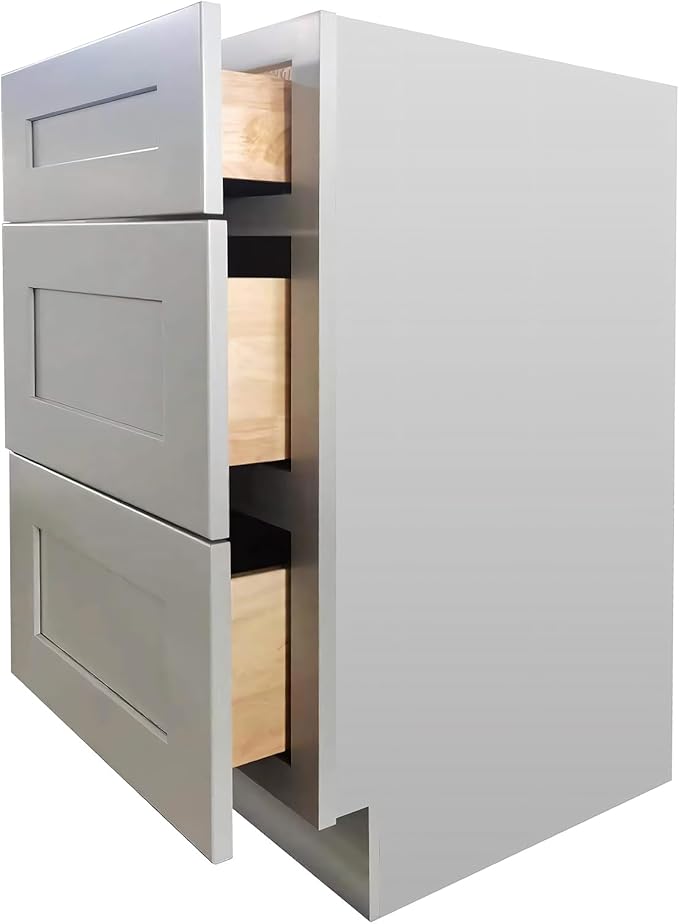 Shaker Style Grey RTA Base Drawer Cabinet by Solid Wood for Kitchen, Bathroom, Bedroom or Office with 3 Drawers and Soft Close (30" W x 24" Depth x 34-1/2" H)