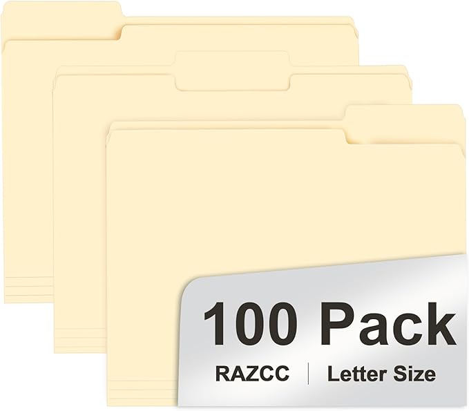 File Folder, RAZCC 100 Pack 1/3 Cut Tab File Folders Letter Size, Manila Folders, Folders with Tab, Great for Organizing and Easy File Storage