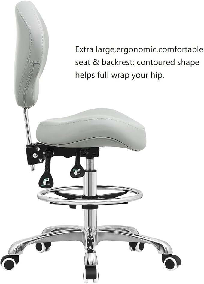 Kaleurrier Adjustable Stools Drafting Chair with Backrest & Foot Rest Tilt Back Swivel Seat Rolling Wheels for Studio Dental Office Salon and Counter Armless Tall Home Desk Chairs (Grey)