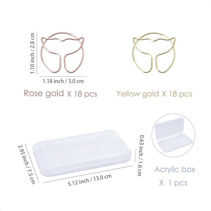 OWLFAVO 36pcs Whale Tail Shape Paper Clips with Clear Box, Rose Gold and Yellow Gold, Funny Cute Paperclips Bookmarks Planner Clips for Fun Office Supplies School Gifts Wedding Decoration