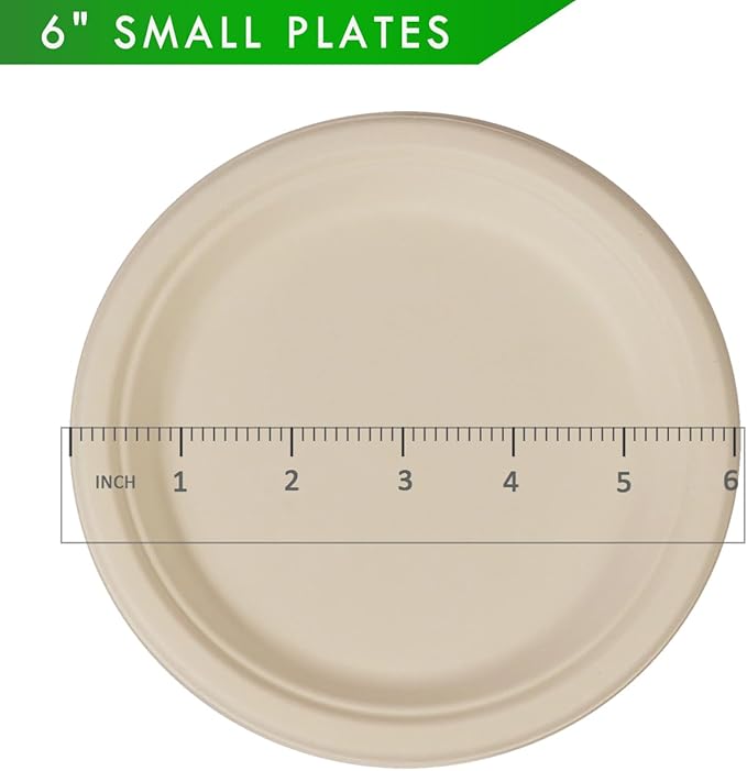 GreenWorks 100 Count 6“ Small Compostable Dessert Plates, Heavy-duty Unbleached Biodegradable Bagasse and Bamboo fiber Paper Plates