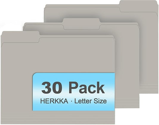 File Folder, HERKKA 30 Pack 1/3 Cut Tab File Folders, File Folders Great for Organizing and Filing, Letter Size, Grey