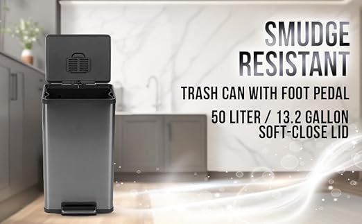 Simpli-Magic 13.2 Gallon (50L) Step Trash Can – Kitchen Garbage Can with Slow-Close Lid – Odor Control, Hands-Free, Easy to Clean, Brushed Stainless Steel