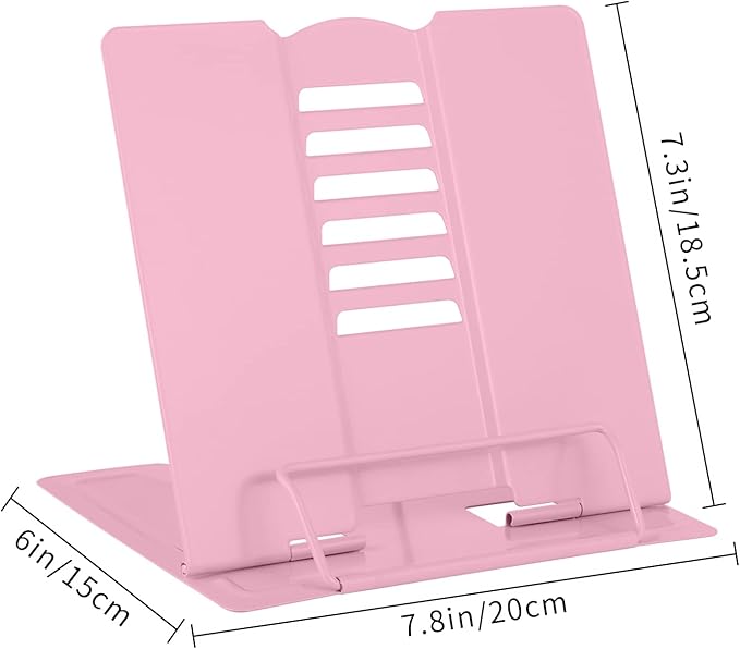 MSDADA Desk Book Stand Metal Reading Rest Book Holder Adjustable Cookbook Documents Holder Portable Sturdy Bookstands for Recipes Textbooks Tablet Music Books with Page Clips (Light Pink)