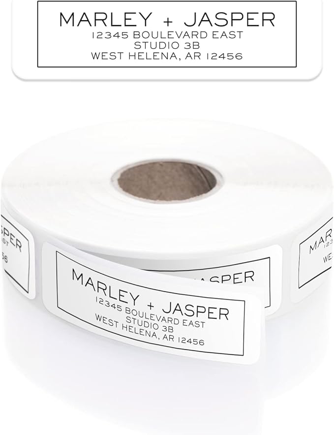 Simple Modern Outline Rolled Address Labels/Roll of 250 Square Box Personalized Address Labels/Designer Return Address Stickers in Elegant Plastic Dispenser