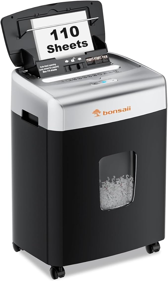 Bonsaii Heavy-Duty Paper Shredder for Home & Office - 110-Sheet Autofeed, Micro Cut, P-4 Security Level, 30-Minute Continuous Shred, 6-Gallon Bin