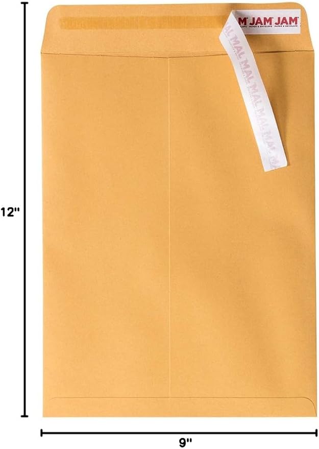 JAM PAPER 9 x 12 Open End Catalog Premium Envelopes with Peel and Seal Closure - Brown Kraft Manila - 100/Pack