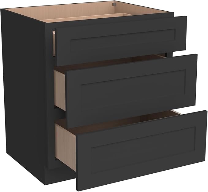 Shaker Style Charcoal Black RTA Base Cabinet with Drawers- Solid Wood 3-Drawer Design with Soft Close, 21" W x 24" D x 34.5" H, Perfect for Standalone Use or Kitchen Cabinet Combinations