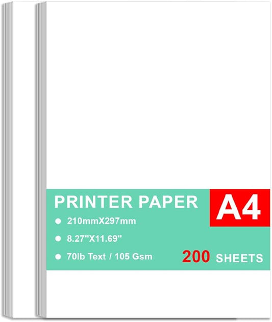 Printer Paper - 200 Sheets, A4 Premium Bright White Paper, 28lb Bond / 70lb Text (105 gsm) Bright White Paper – Great for Copy, Printing, Writing, 8.27" x 11.69" (210 x 297 mm)