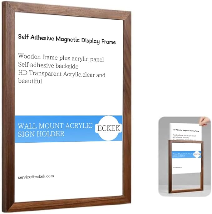 Wall Mount Acrylic Sign Holder Self Adhesive Magnetic Display Frame Clear Document Frame for Office, Store, School, Home, Wall Picture Frame (Walnut A3 297×420mm/11.69×16.54inches)
