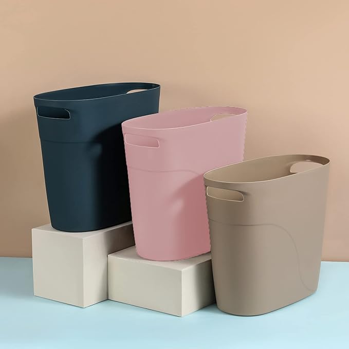 JiatuA Plastic Small Trash Can Slim Waste Basket with Handles 3.2 Gallon Narrow Garbage Container Bin for Bathroom, Bedroom, Kitchen, Home Office Under Desk, Dorm, Laundry Room, Kids Room, Pink