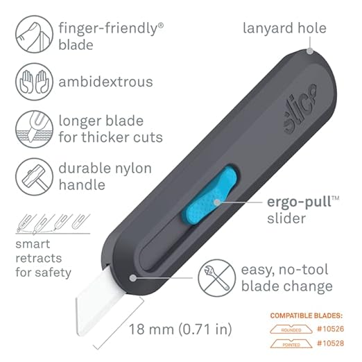 Slice Smart-Retract Utility Knife | Blade Automatically Retracts as Cutting Motion Finishes | Heavy Duty Box Cutter | Safe Ceramic Blade Lasting 11x Longer than Metal | 6 Pack