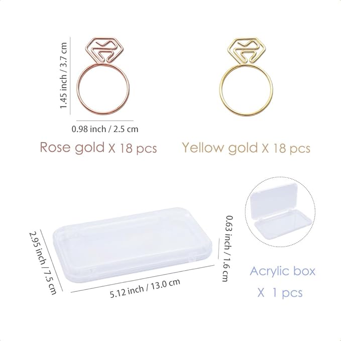 OWLFAVO 36pcs Diamond Ring Shape Paper Clips with Clear Box, Rose Gold and Yellow Gold, Funny Cute Paperclips Bookmarks Planner Clips for Fun Office Supplies College Gifts Wedding Decoration