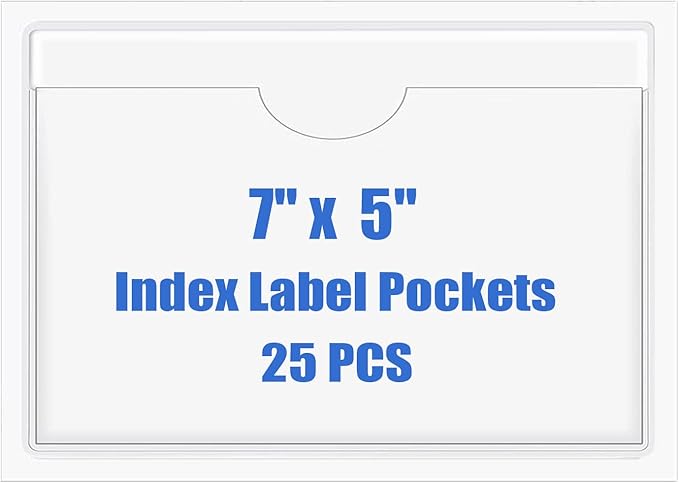Origin-Joy 25 PCS Self-Adhesive Index Label Pockets, Clear Plastic Peel & Stick Card Holders with Top Open for Loading (7 x 5 inch)