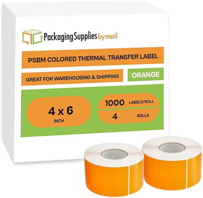 PSBM Thermal Transfer Labels, Orange, 4x6 Inch, 4 Rolls, 1000 Labels/Roll, 3 Inch Core, Perforated, Must Have Thermal Ribbon (Not Included)