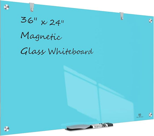 TSJ OFFICE Glass Dry-Erase Board - 36 x 24 Inches Wall Mounted Magnetic Whiteboard, Large Frameless Glass White Board for Office, Home & School, Blue