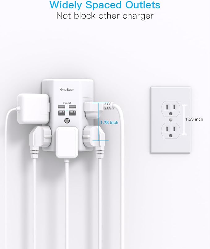 Surge Protector, 5 Outlets Extender with 4 USB Ports(USB C), 3-Side 1680J Power Strip Multi Plug Outlet Expander, USB Wall Charger, Outlet Splitter Adapter Wall Mount for Home Travel Office ETL Listed