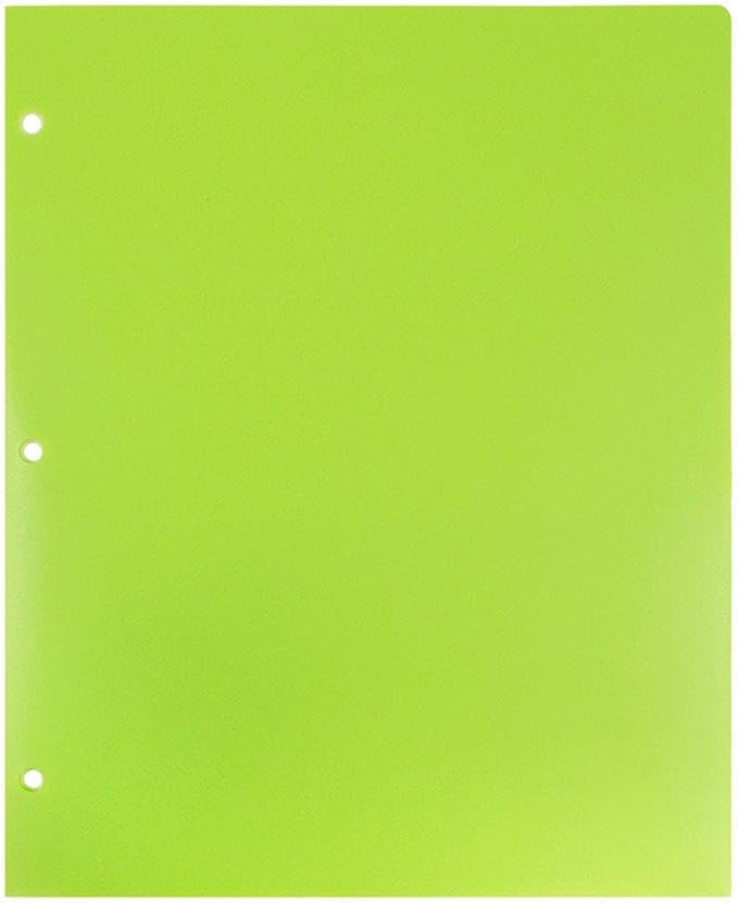 JAM PAPER Heavy Duty Plastic 3 Hole Punch Pocket Folders - Extra Tough School Folders - Lime Green - Bulk 144/Box