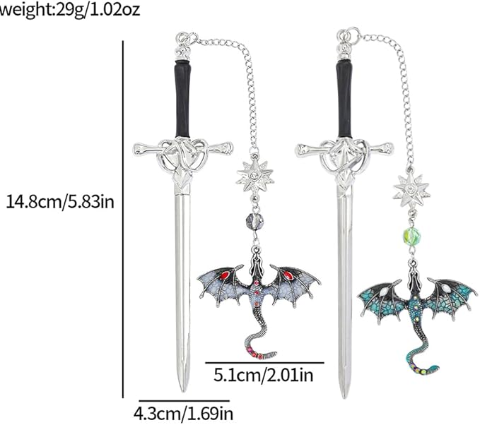Fantasy Dragon Leather Corner Bookmark, Elegant Metal Dragon Charms Leather Page Saver, Chic Book Accessory for Bookworms, Great Gift for Dragon & Book Lovers (Dragon Sword A)