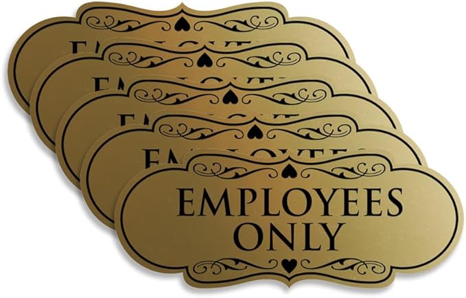 Designer EMPLOYEES ONLY Sign | Easy Installation | Office or Business Signs | Workplace Safety - Brushed Gold - Large (5 Pack)