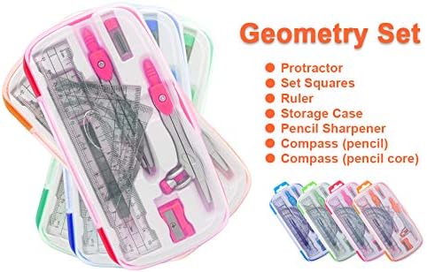 Maths Compasses Full Starter Geometry Kit with 2 Drafting Compasses Protractor 2 Set Squares Ruler Pencil and More for Students Maths Study Homework etc. Pink