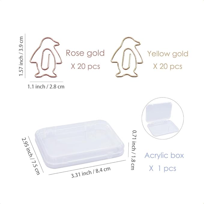OWLFAVO 40pcs Penguin Shape Paper Clips with Clear Box, Rose Gold and Yellow Gold, Funny Cute Paperclips Bookmarks Planner Clips for Fun Office Supplies School Gifts Wedding Decoration