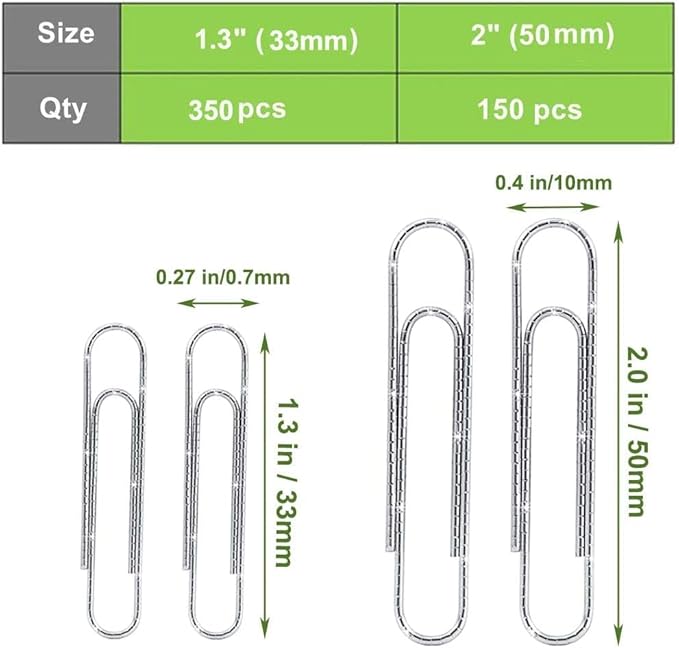 Non Skid PaperClips Assorted Sizes, Sturdy 2" /50MM Large Paper Clips and 1.3" /33MM Paper Clips Medium Size Great for Thicker Files. Reusable Large Paperclips for School, Office and Home