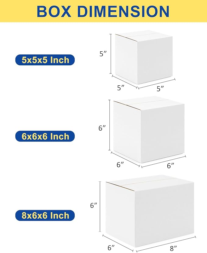 Assorted-Sizes-Shipping-Boxes-45-Pack: 5x5x5 & 6x6x6 & 8x6x6 Small-Shipping-Boxes-Mailers, White Corrugated-Cardboard-Boxes-for-Packing-Small-Business Mailing