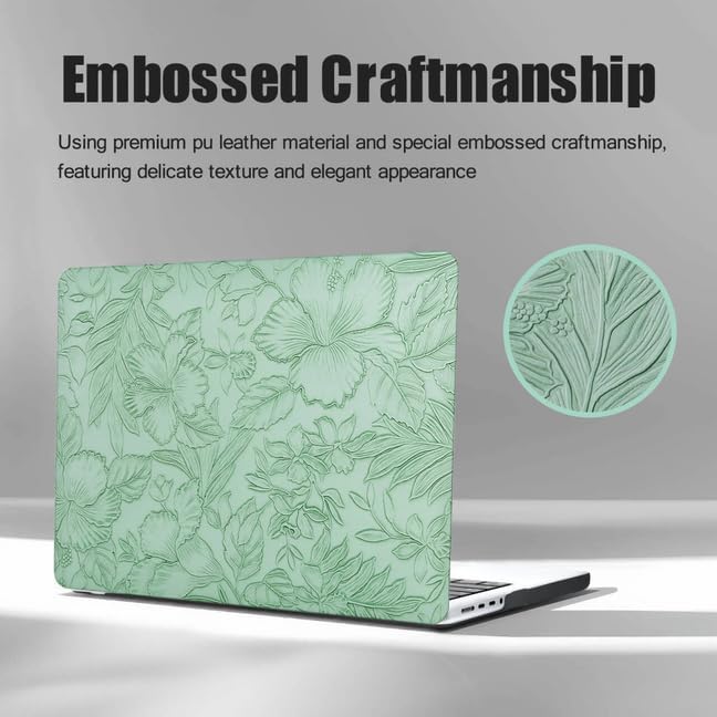 DTangLsm for MacBook Pro 16 inch Case 2025 2024-2021 M4 M3 M2 M1 A3403 A3186 A2991 A2780 A2485 Pro/Max, Elegant Texture Retro Leather Hard Shell Case+Keyboard Skin for Mac Pro 16,Embossed Floral Green