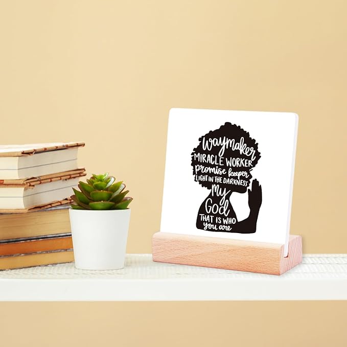 Motivational Quotes Office Desk Decor for Women Girls,Way Maker Miracle Worker Promise Keeper Ceramic Plaque Sign for Office Desk Shelf Decor,Gifts for Friends Coworkers