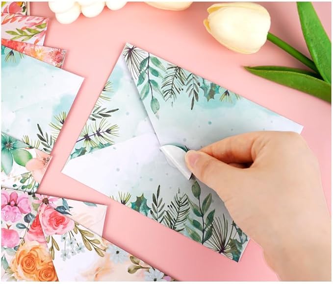 160 Packs Stationery Paper and Envelopes Set 10 Different Designs, 50 One Sided Stationery Writing Papers with 50 Matching Envelopes and 60 Round Dot Sticker, 5.5 x 8.25 Inch (Flower)