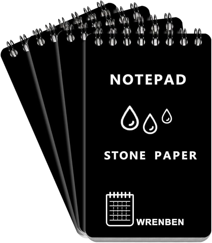 Stone Paper Waterproof Top Spiral Notepad Weatherproof Steno Pads 3" x 5" Pocket Notebooks, Universal Graph Pattern, 4 Pack 400 Pages for Field Travel Adventure (3" x 5", Black)