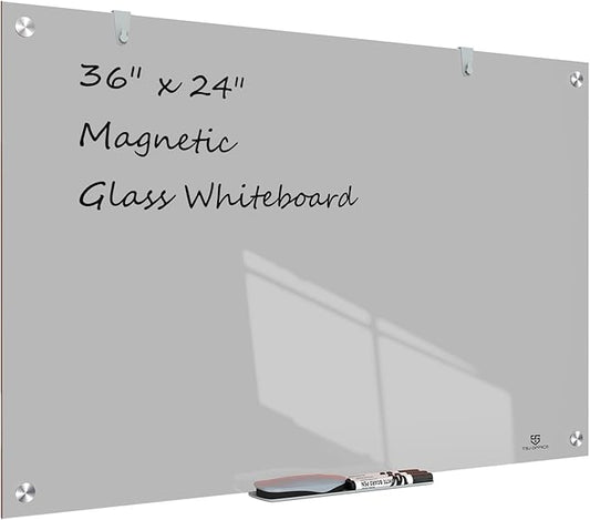 TSJ OFFICE Glass Dry-Erase Board - 36 x 24 Inches Wall Mounted Magnetic Whiteboard, Large Frameless Glass White Board for Office, Home & School, Gray