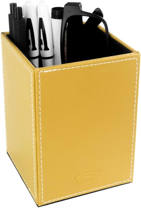 Pen Pencil Holder Cup Container PU Leather Desk Organizer Stand Decor Brush Scissor Holder Decoration Office Desk Home School (Yellow, 3.54" x 3.54" x 4.72")
