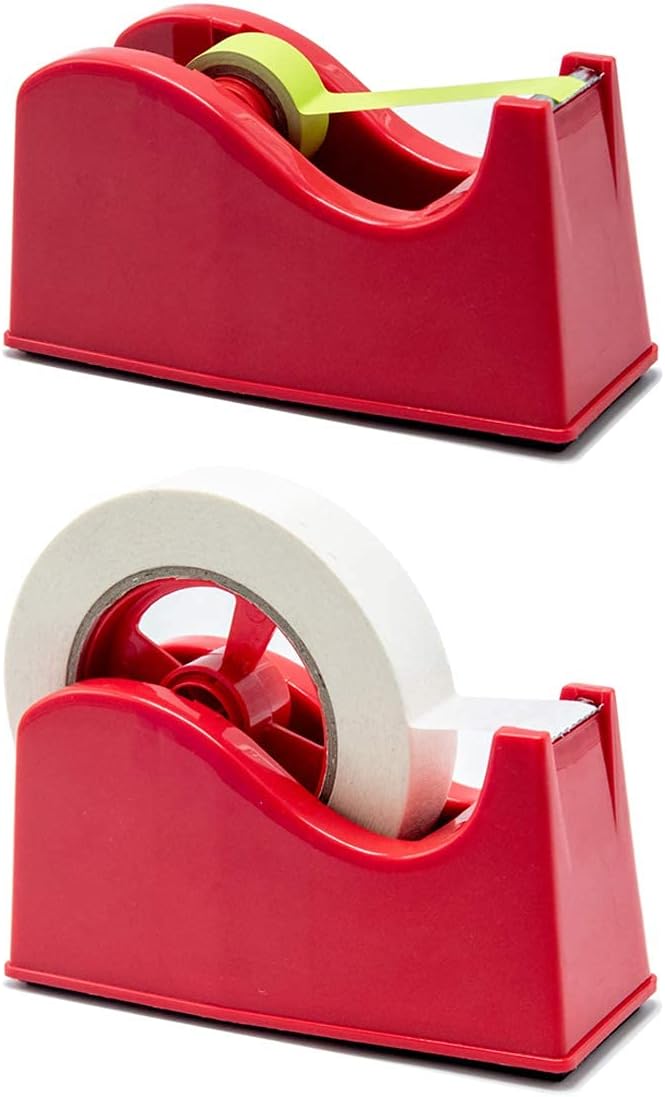 Desktop Tape Dispenser Adhesive Roll Holder (Fits 1" & 3" Core) with Weighted Nonskid Base Red