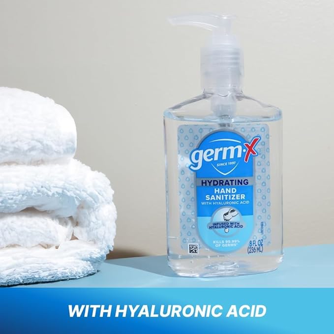 Germ-X Hand Sanitizer, Hydrating with Hyaluronic Acid, 8 Fl Oz Pump (Pack of 6) Instant & No Rinse Formula for All Skin Types, Back to School Supplies, Formulated without Parabens, Phthalates & Dyes