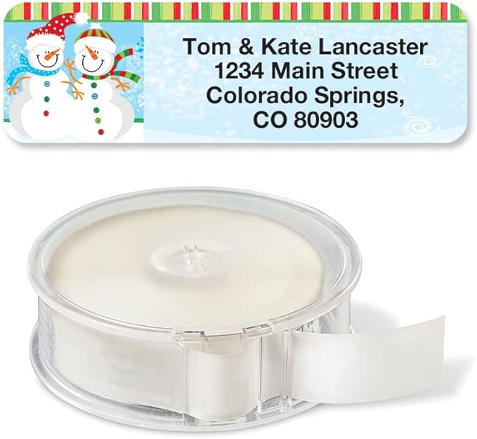 Happy Snowman Holiday Rolled Personalized Return Address Mailing Labels with Dispenser, Set of 250, 5 Designs, Small ¾ x 2½ Inch Size, Custom Self-Adhesive Sticker Roll, by Colorful Images