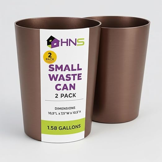 Mini Waste Basket - Pack of 2 Durable Small Plastic Garbage Trash Can Bin - Lidless Open-Top Rectangular Slim Profile for Compact Spaces - Suitable for Home, Bathroom, Office, Bedroom & More, Copper
