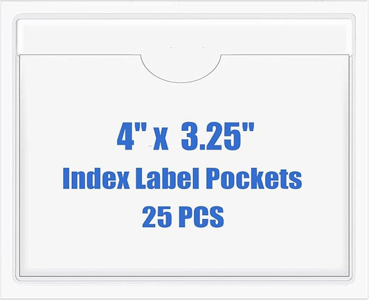 Origin-Joy 25 PCS Self-Adhesive Index Label Pockets, Clear Plastic Peel & Stick Card Holders with Top Open for Loading (4 x 3.25 inch)