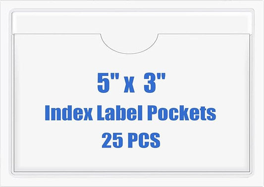Origin-Joy 25 PCS Self-Adhesive Index Label Pockets, Clear Plastic Peel & Stick Card Holders with Top Open for Loading (5 x 3 inch)
